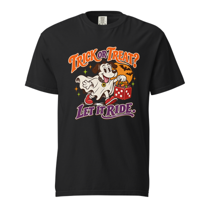 Trick Or Treat? Let It Ride T-Shirt in Black, front view, Lucky the dog in a ghost costume Halloween graphic