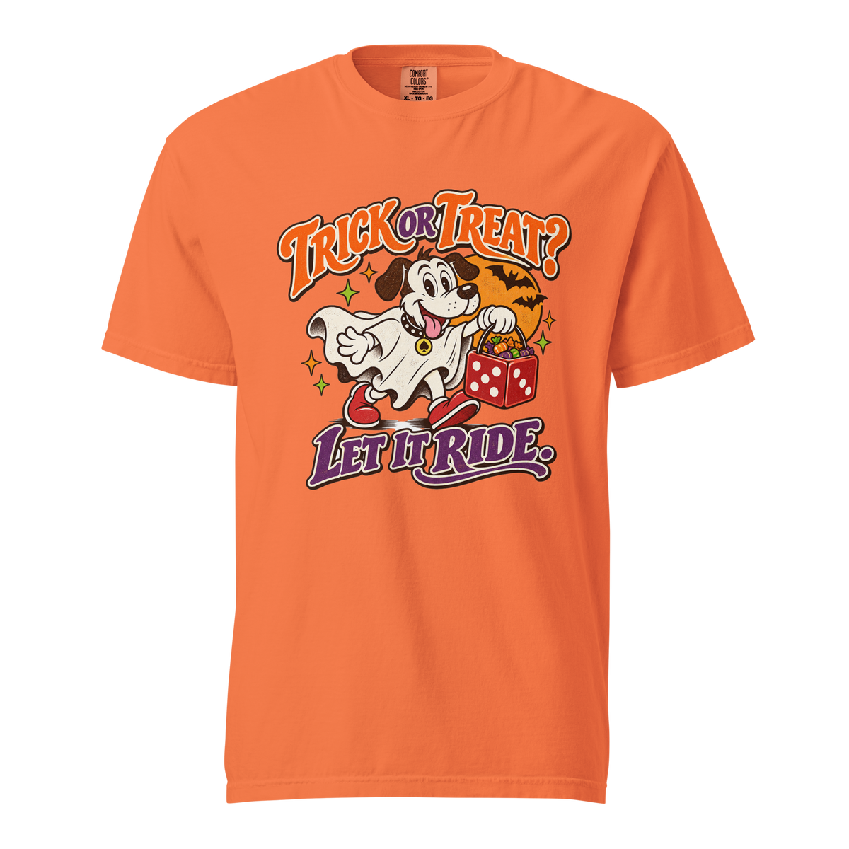 Trick Or Treat? Let It Ride T-Shirt in Burnt Orange, front view, Lucky the dog in a ghost costume Halloween graphic