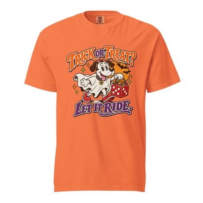 Trick Or Treat? Let It Ride T-Shirt in Burnt Orange, front view, Lucky the dog in a ghost costume Halloween graphic