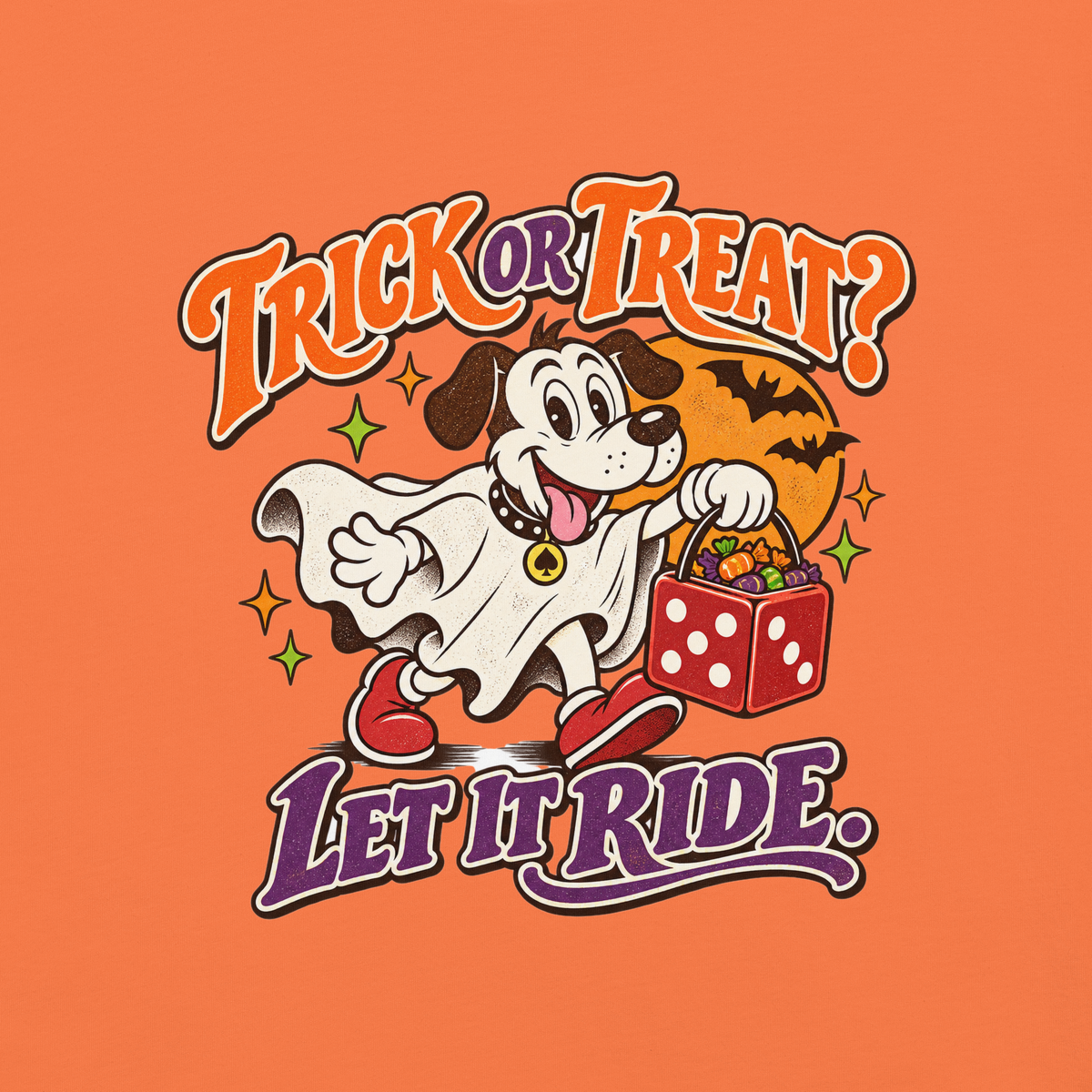 Trick Or Treat? Let It Ride T-Shirt in Burnt Orange, front view (alternate mockup), Lucky the dog in a ghost costume Halloween graphic