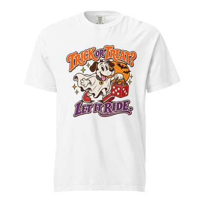 Trick Or Treat? Let It Ride T-Shirt in White, front view, Lucky the dog in a ghost costume Halloween graphic