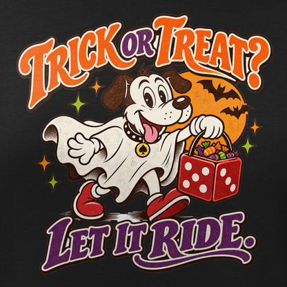 Trick Or Treat? Let It Ride Relaxed T-Shirt in Black, close-up of the front print, Lucky the cartoon dog in a ghost costume carrying a dice-shaped candy bucket