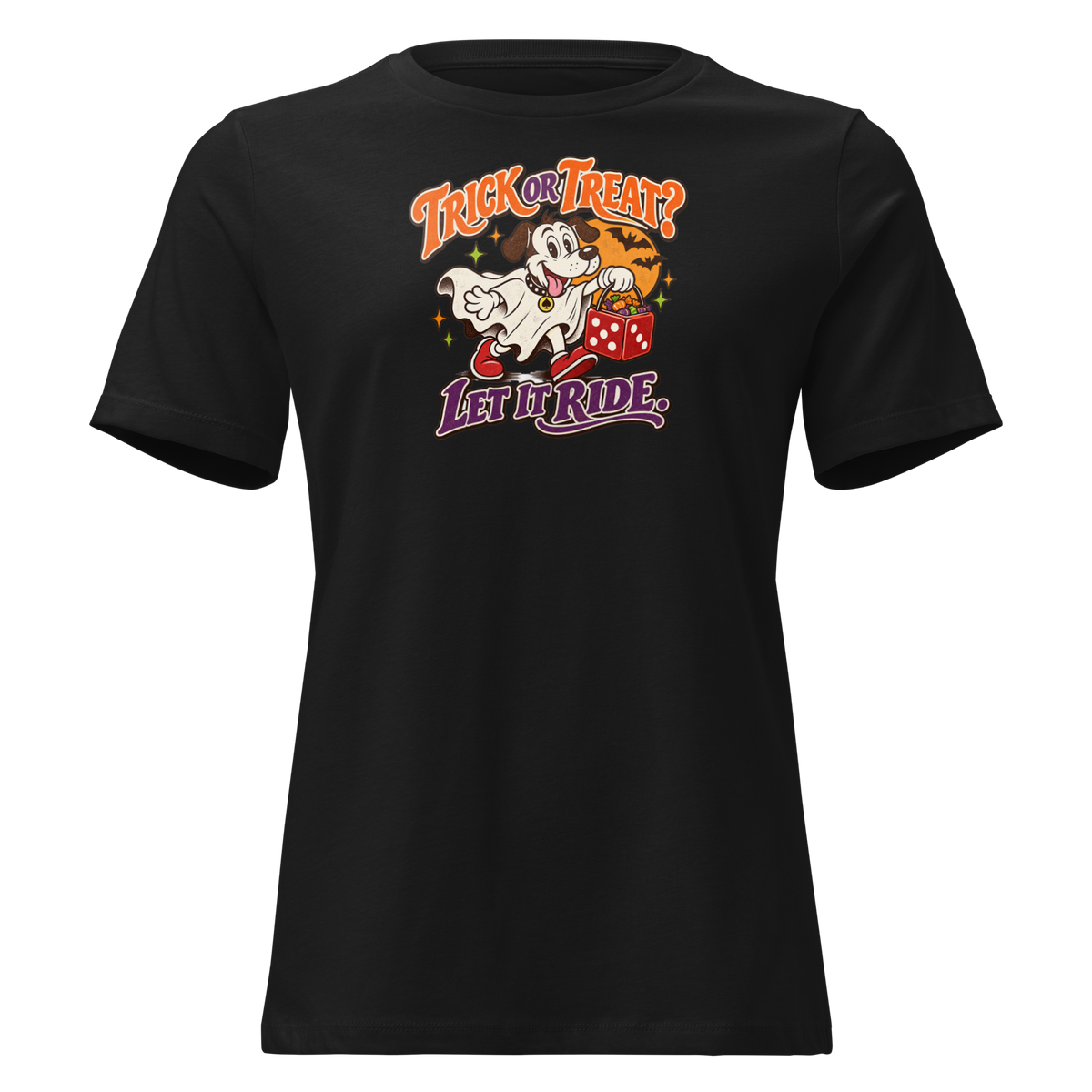 Trick Or Treat? Let It Ride Relaxed T-Shirt in Black, front view, Lucky the cartoon dog in a ghost costume carrying a dice-shaped candy bucket