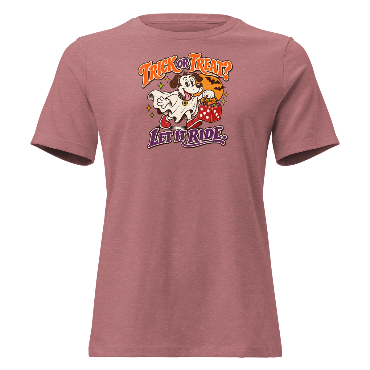 Trick Or Treat? Let It Ride Relaxed T-Shirt in Heather Mauve, front view, Lucky the cartoon dog in a ghost costume carrying a dice-shaped candy bucket