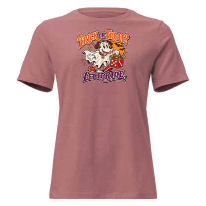 Trick Or Treat? Let It Ride Relaxed T-Shirt in Heather Mauve, front view, Lucky the cartoon dog in a ghost costume carrying a dice-shaped candy bucket