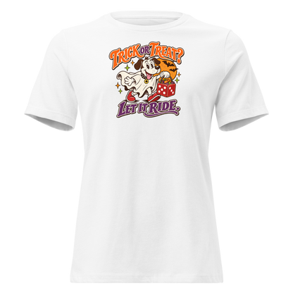 Trick Or Treat? Let It Ride Relaxed T-Shirt in White, front view, Lucky the cartoon dog in a ghost costume carrying a dice-shaped candy bucket