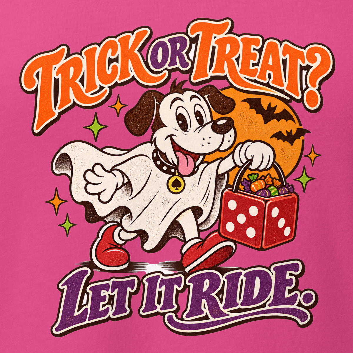 Trick Or Treat? Let It Ride V-Neck in Berry, close-up of the front print, Lucky the cartoon dog in a ghost costume carrying a dice-shaped candy bucket