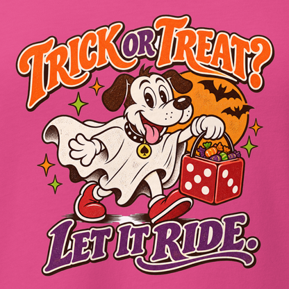 Trick Or Treat? Let It Ride V-Neck in Berry, close-up of the front print, Lucky the cartoon dog in a ghost costume carrying a dice-shaped candy bucket