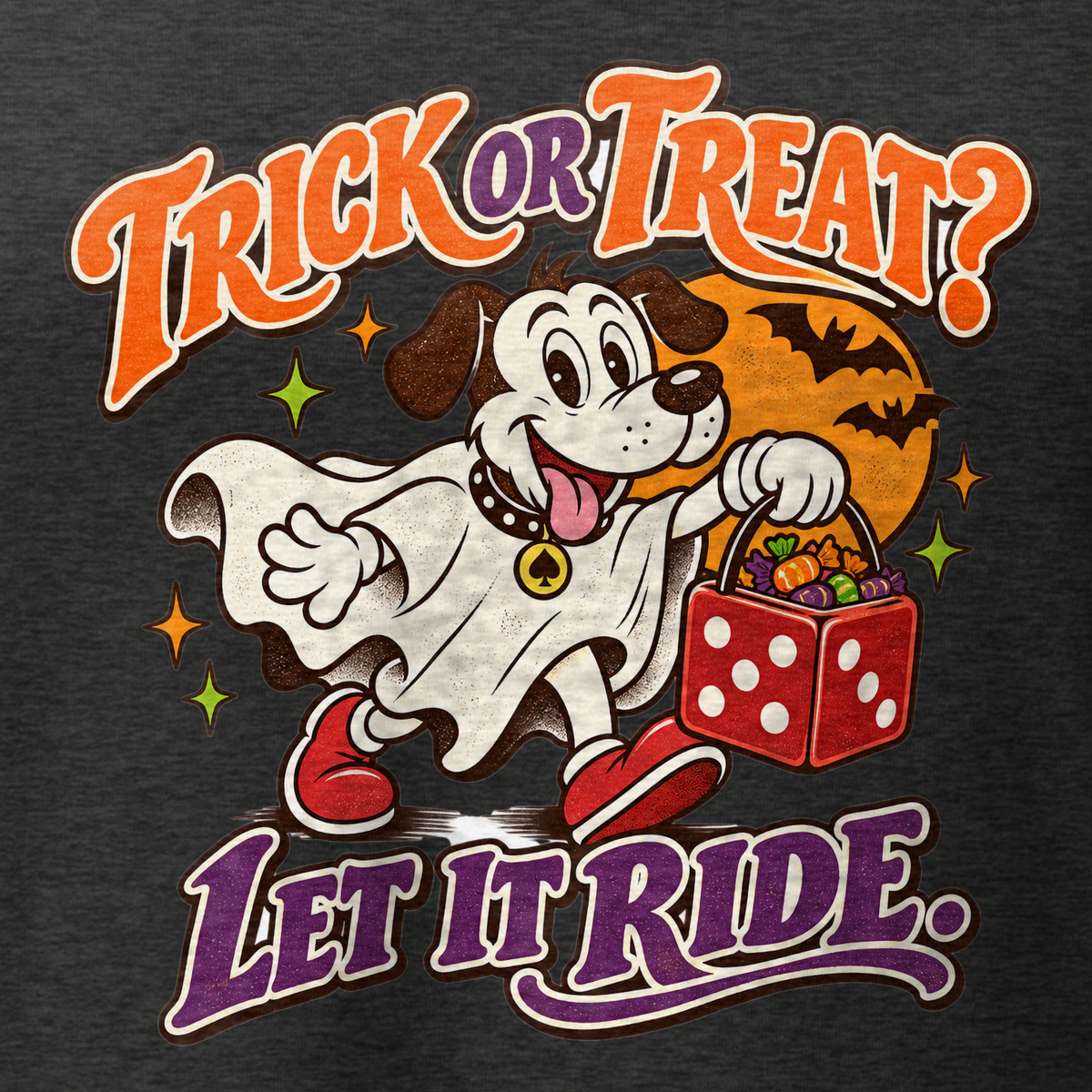 Trick Or Treat? Let It Ride V-Neck in Dark Grey Heather, close-up of the front print, Lucky the cartoon dog in a ghost costume carrying a dice-shaped candy bucket