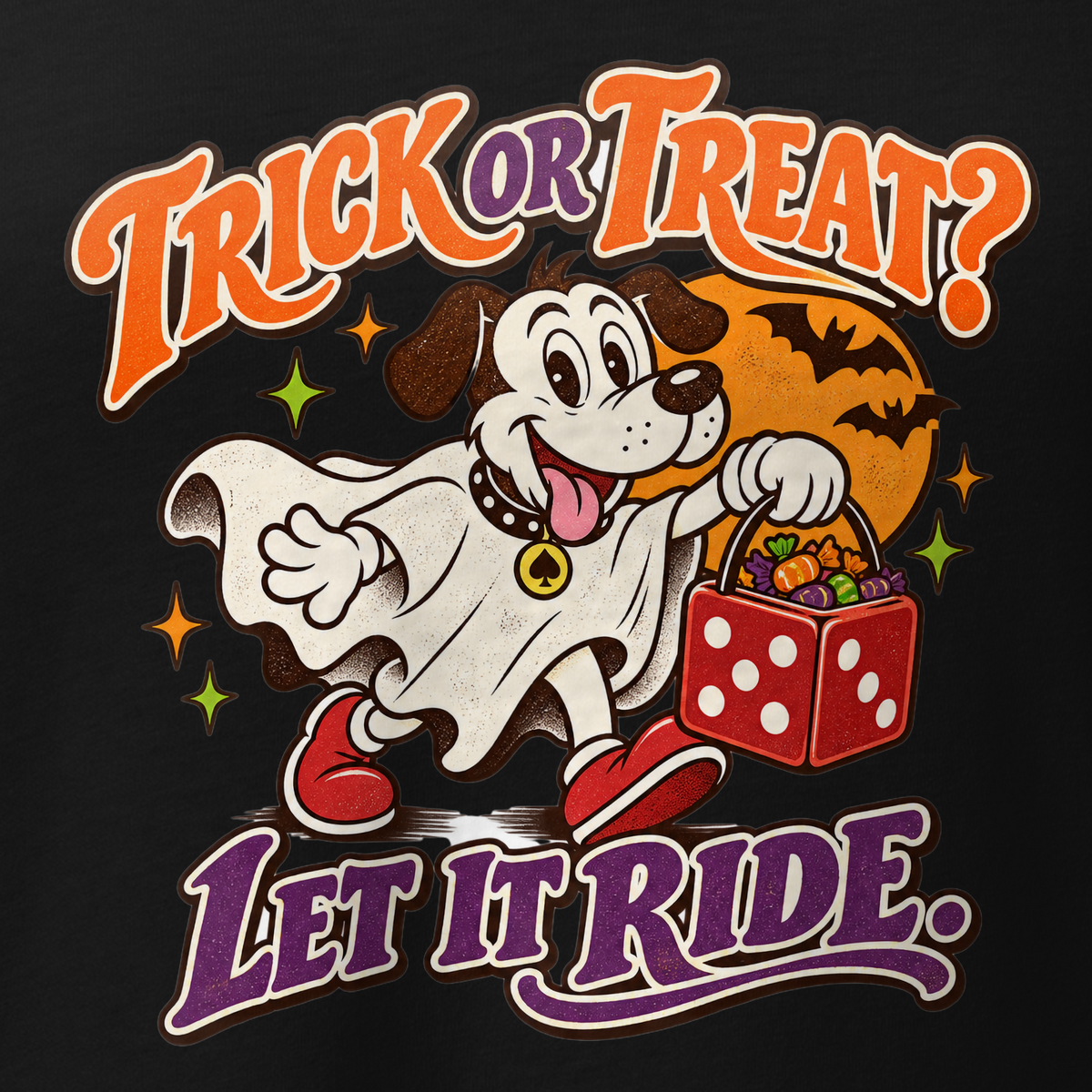 Trick Or Treat? Let It Ride V-Neck in Solid Black Blend, close-up of the front print, Lucky the cartoon dog in a ghost costume carrying a dice-shaped candy bucket