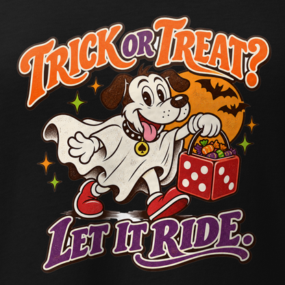 Trick Or Treat? Let It Ride V-Neck in Solid Black Blend, close-up of the front print, Lucky the cartoon dog in a ghost costume carrying a dice-shaped candy bucket