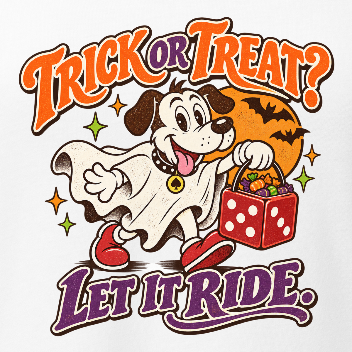 Trick Or Treat? Let It Ride V-Neck in Solid White Blend, close-up of the front print, Lucky the cartoon dog in a ghost costume carrying a dice-shaped candy bucket