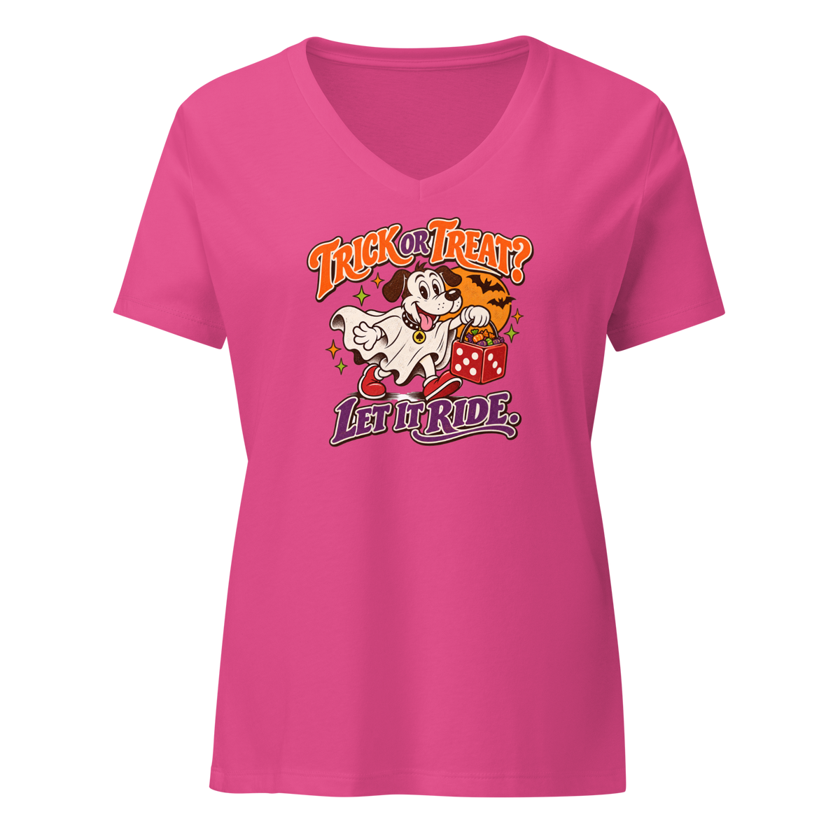 Trick Or Treat? Let It Ride V-Neck in Berry, front view, Lucky the cartoon dog in a ghost costume carrying a dice-shaped candy bucket