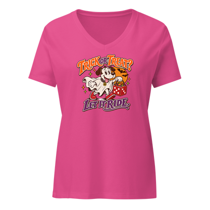 Trick Or Treat? Let It Ride V-Neck in Berry, front view, Lucky the cartoon dog in a ghost costume carrying a dice-shaped candy bucket