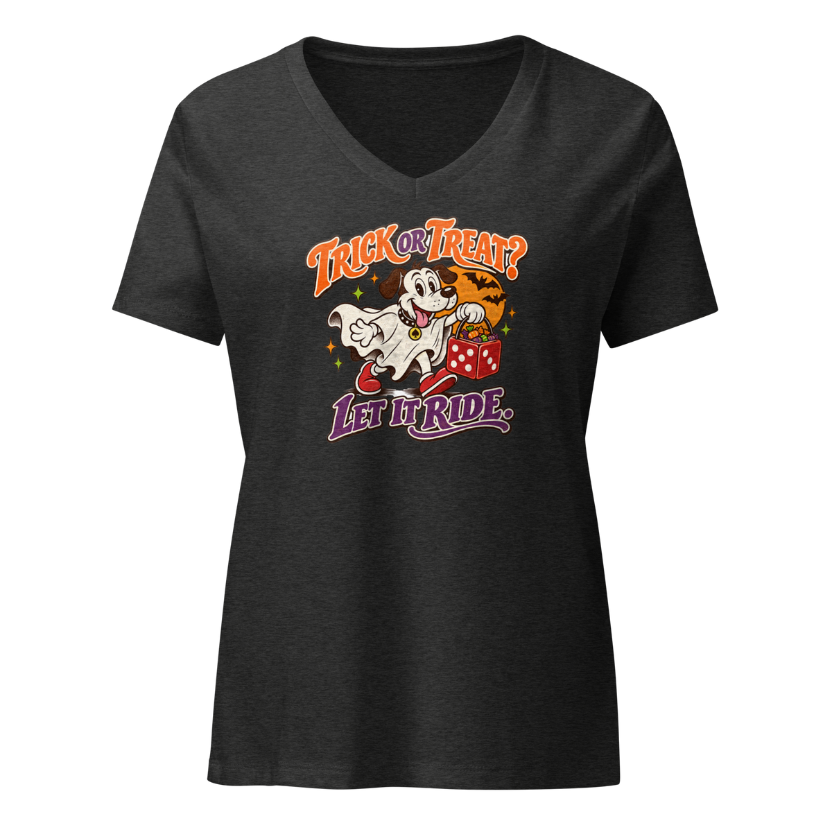 Trick Or Treat? Let It Ride V-Neck in Dark Grey Heather, front view, Lucky the cartoon dog in a ghost costume carrying a dice-shaped candy bucket