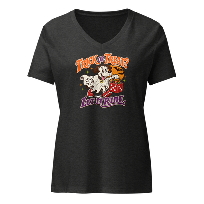 Trick Or Treat? Let It Ride V-Neck in Dark Grey Heather, front view, Lucky the cartoon dog in a ghost costume carrying a dice-shaped candy bucket