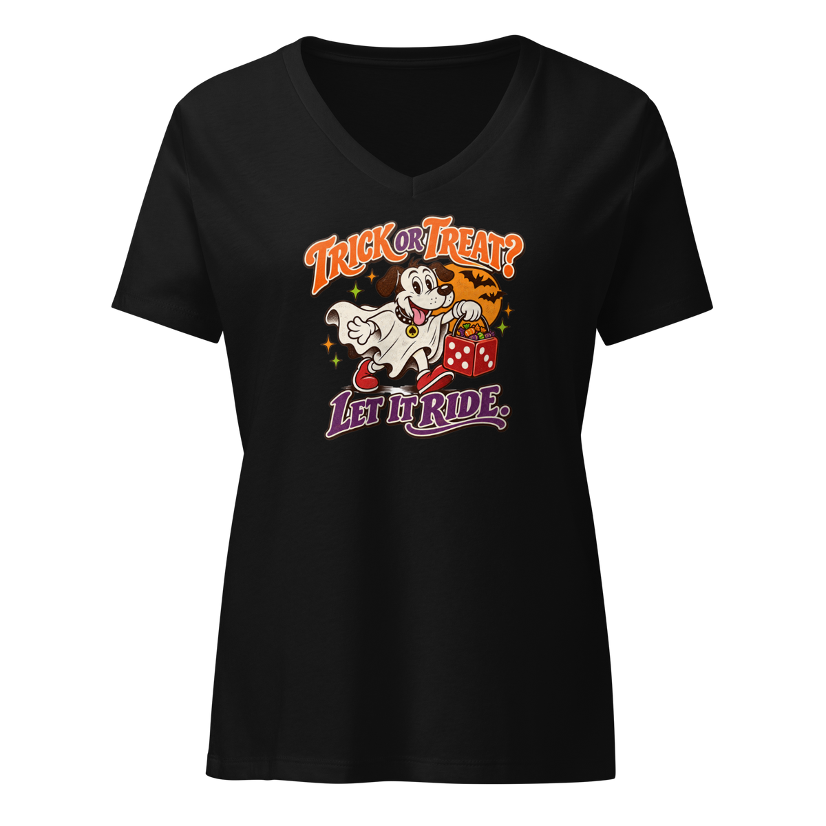 Trick Or Treat? Let It Ride V-Neck in Solid Black Blend, front view, Lucky the cartoon dog in a ghost costume carrying a dice-shaped candy bucket
