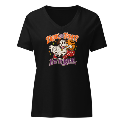 Trick Or Treat? Let It Ride V-Neck in Solid Black Blend, front view, Lucky the cartoon dog in a ghost costume carrying a dice-shaped candy bucket