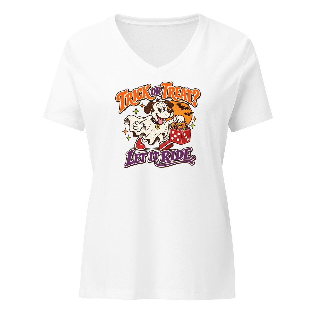 Trick Or Treat? Let It Ride V-Neck in Solid White Blend, front view, Lucky the cartoon dog in a ghost costume carrying a dice-shaped candy bucket