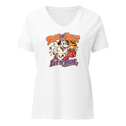 Trick Or Treat? Let It Ride V-Neck in Solid White Blend, front view, Lucky the cartoon dog in a ghost costume carrying a dice-shaped candy bucket