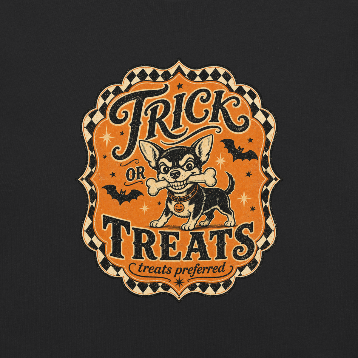 Trick or Treats Chihuahua T-Shirt in Black, front view, retro Halloween Chihuahua graphic
