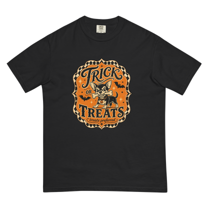 Trick or Treats Chihuahua T-Shirt in Black, front view (alternate mockup), retro Halloween Chihuahua graphic