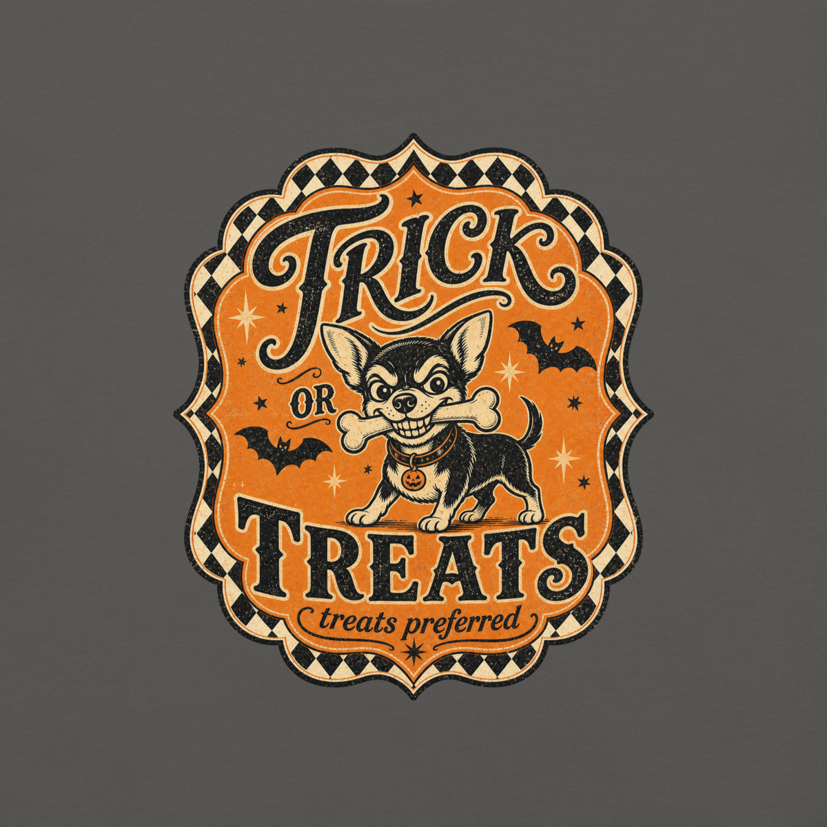 Trick or Treats Chihuahua T-Shirt in Pepper, front view, retro Halloween Chihuahua graphic