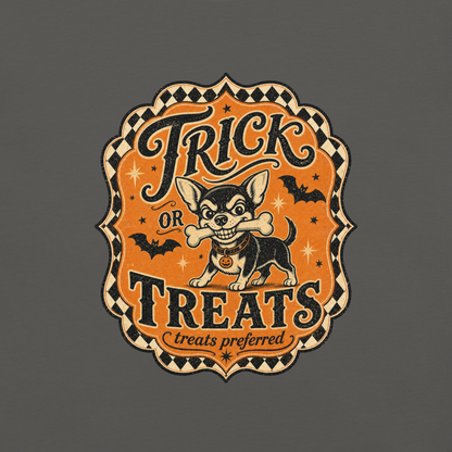 Trick or Treats Chihuahua T-Shirt in Pepper, front view, retro Halloween Chihuahua graphic