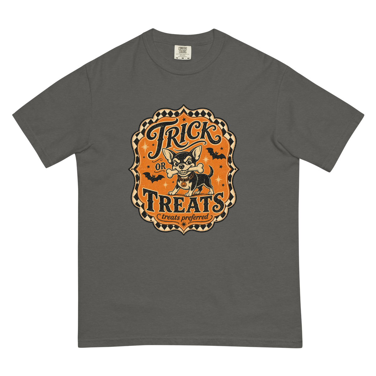 Trick or Treats Chihuahua T-Shirt in Pepper, front view (alternate mockup), retro Halloween Chihuahua graphic