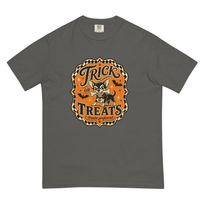 Trick or Treats Chihuahua T-Shirt in Pepper, front view (alternate mockup), retro Halloween Chihuahua graphic