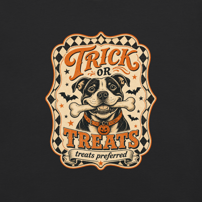 Trick or Treats Pit Bull T-Shirt in Black, front view, retro Halloween pit bull graphic