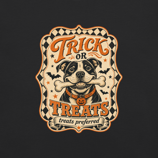 Trick or Treats Pit Bull T-Shirt in Black, front view, retro Halloween pit bull graphic