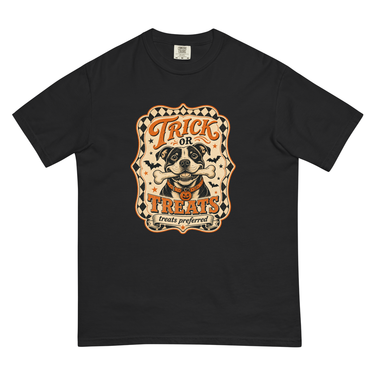 Trick or Treats Pit Bull T-Shirt in Black, front view (alternate mockup), retro Halloween pit bull graphic