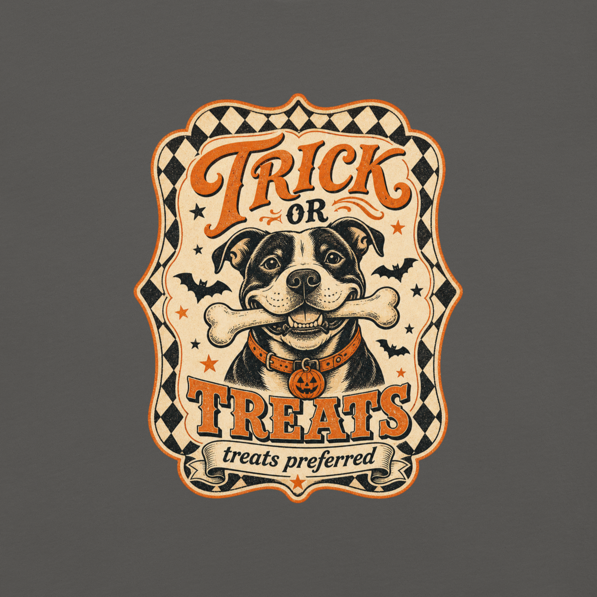 Trick or Treats Pit Bull T-Shirt in Pepper, front view, retro Halloween pit bull graphic