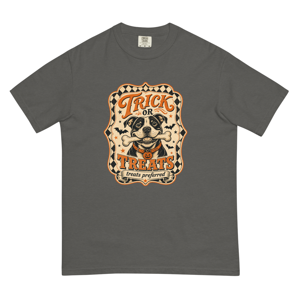 Trick or Treats Pit Bull T-Shirt in Pepper, front view (alternate mockup), retro Halloween pit bull graphic