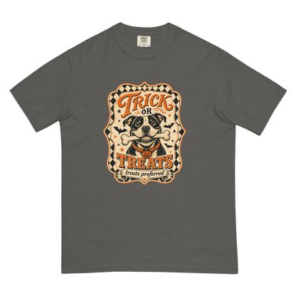 Trick or Treats Pit Bull T-Shirt in Pepper, front view (alternate mockup), retro Halloween pit bull graphic