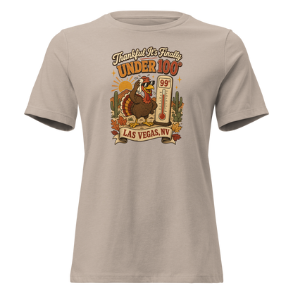 Thankful It's Finally Under 100 Relaxed T-Shirt in Heather Stone, front view, Turkey in sunglasses by a 99 degree thermometer, cactus and fall leaves