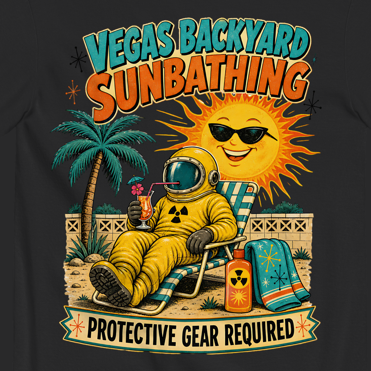 Vegas Backyard Sunbathing T-Shirt in Black, close-up of the back print, hazmat sunbather and grinning sun
