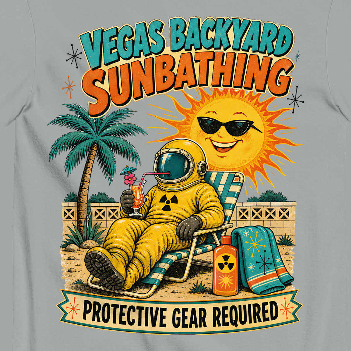 Vegas Backyard Sunbathing T-Shirt in Granite, close-up of the back print, hazmat sunbather and grinning sun
