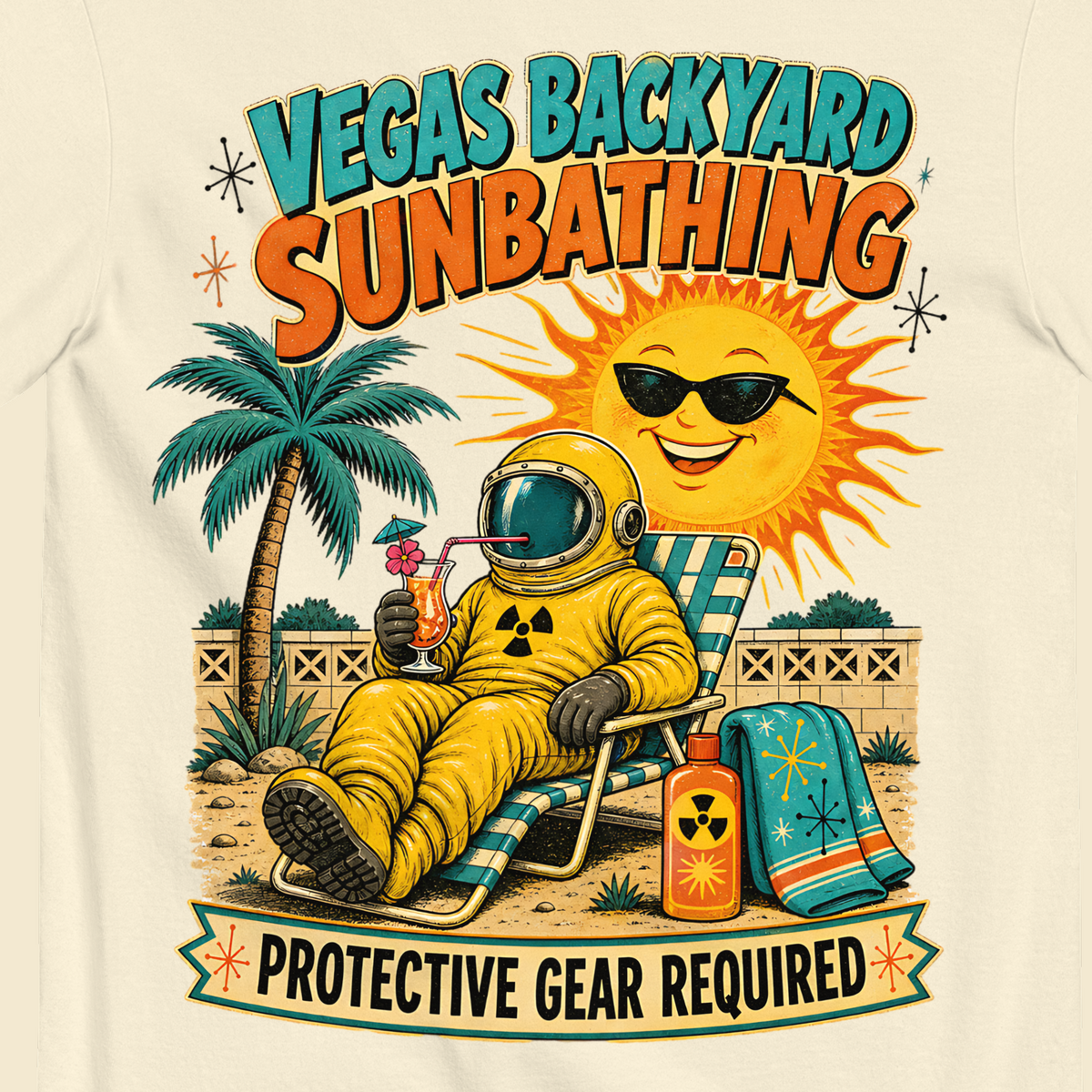 Vegas Backyard Sunbathing T-Shirt in Ivory, close-up of the back print, hazmat sunbather and grinning sun