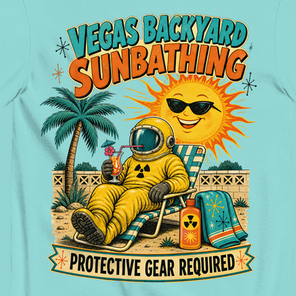 Vegas Backyard Sunbathing T-Shirt in Lagoon Blue, close-up of the back print, hazmat sunbather and grinning sun