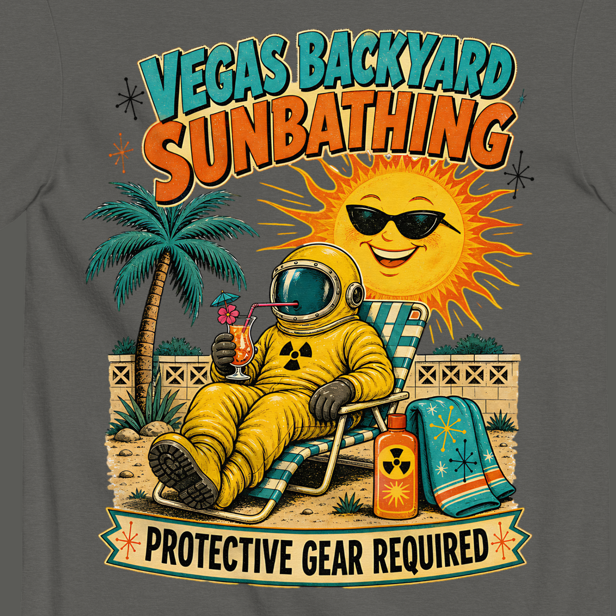 Vegas Backyard Sunbathing T-Shirt in Pepper, close-up of the back print, hazmat sunbather and grinning sun