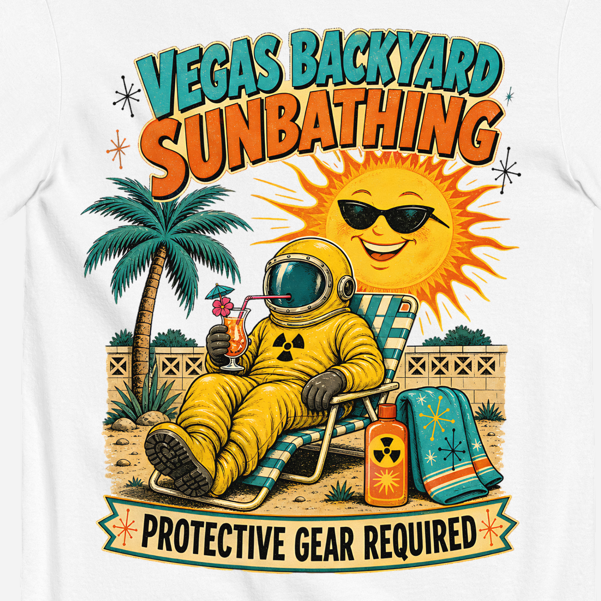 Vegas Backyard Sunbathing T-Shirt in White, close-up of the back print, hazmat sunbather and grinning sun