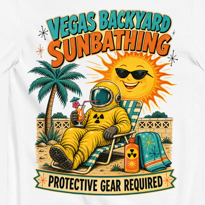 Vegas Backyard Sunbathing T-Shirt in White, close-up of the back print, hazmat sunbather and grinning sun