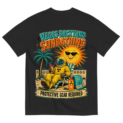 Vegas Backyard Sunbathing T-Shirt in Black, back print, retro hazmat-suit sunbather in a Vegas backyard