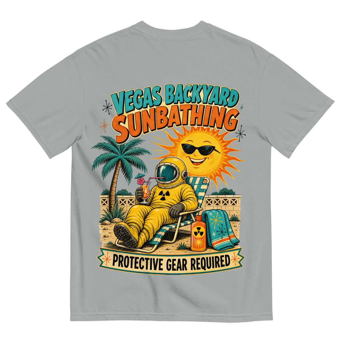 Vegas Backyard Sunbathing T-Shirt in Granite, back print, retro hazmat-suit sunbather in a Vegas backyard