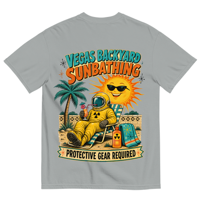 Vegas Backyard Sunbathing T-Shirt in Granite, back print, retro hazmat-suit sunbather in a Vegas backyard