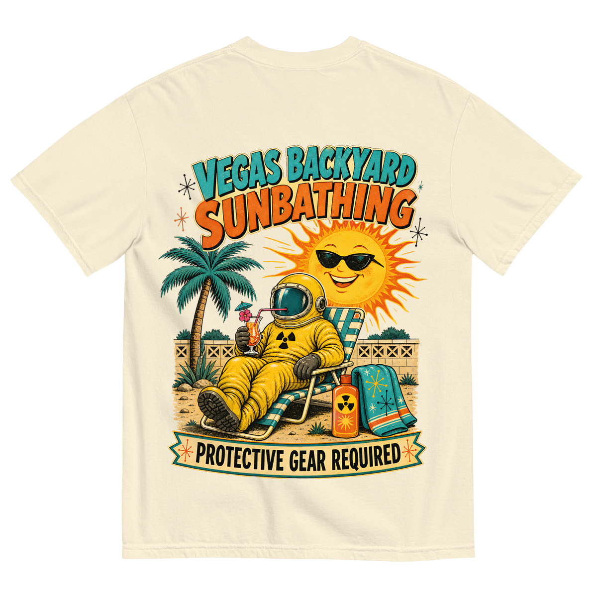 Vegas Backyard Sunbathing T-Shirt in Ivory, back print, retro hazmat-suit sunbather in a Vegas backyard