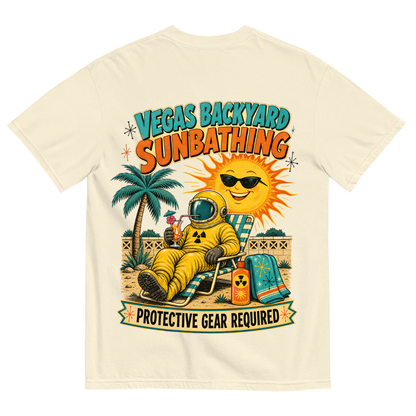 Vegas Backyard Sunbathing T-Shirt in Ivory, back print, retro hazmat-suit sunbather in a Vegas backyard
