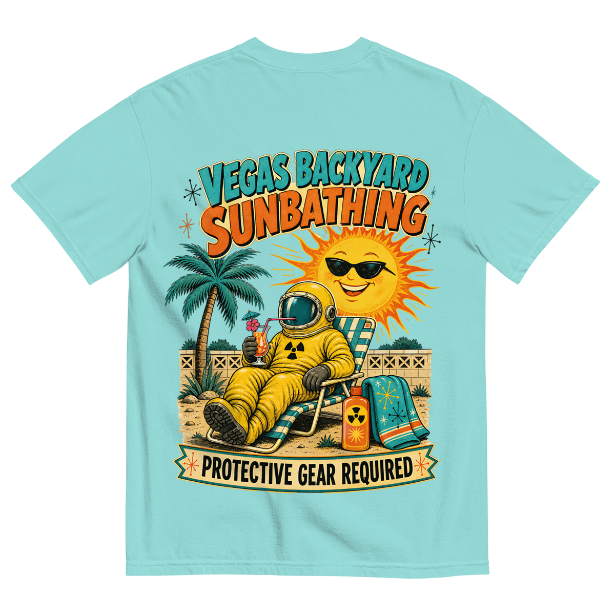 Vegas Backyard Sunbathing T-Shirt in Lagoon Blue, back print, retro hazmat-suit sunbather in a Vegas backyard